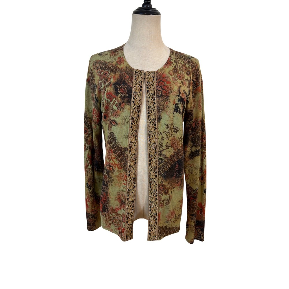 Chico's Cardigan Sweater Women Size 0 Green Silk Blend Paisley Boho Grunge 90s